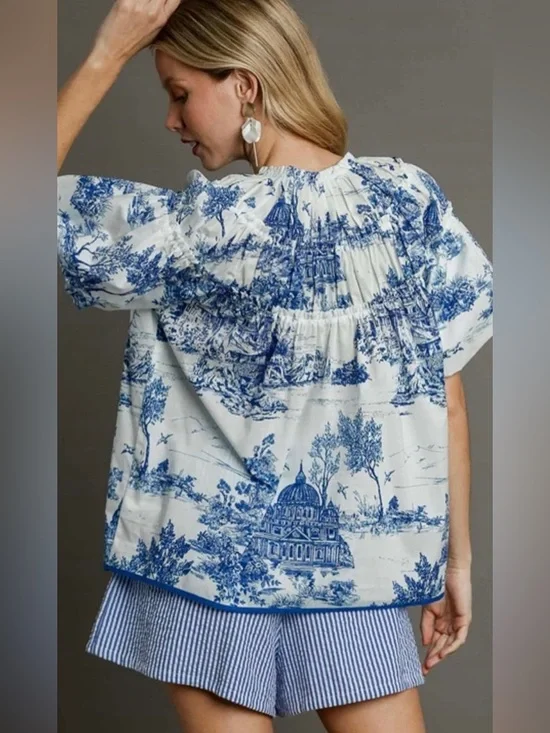 Umgee Blue & White Toile Landscape Scenic Print Peasant Blouse Size M - Picture 2 of 10